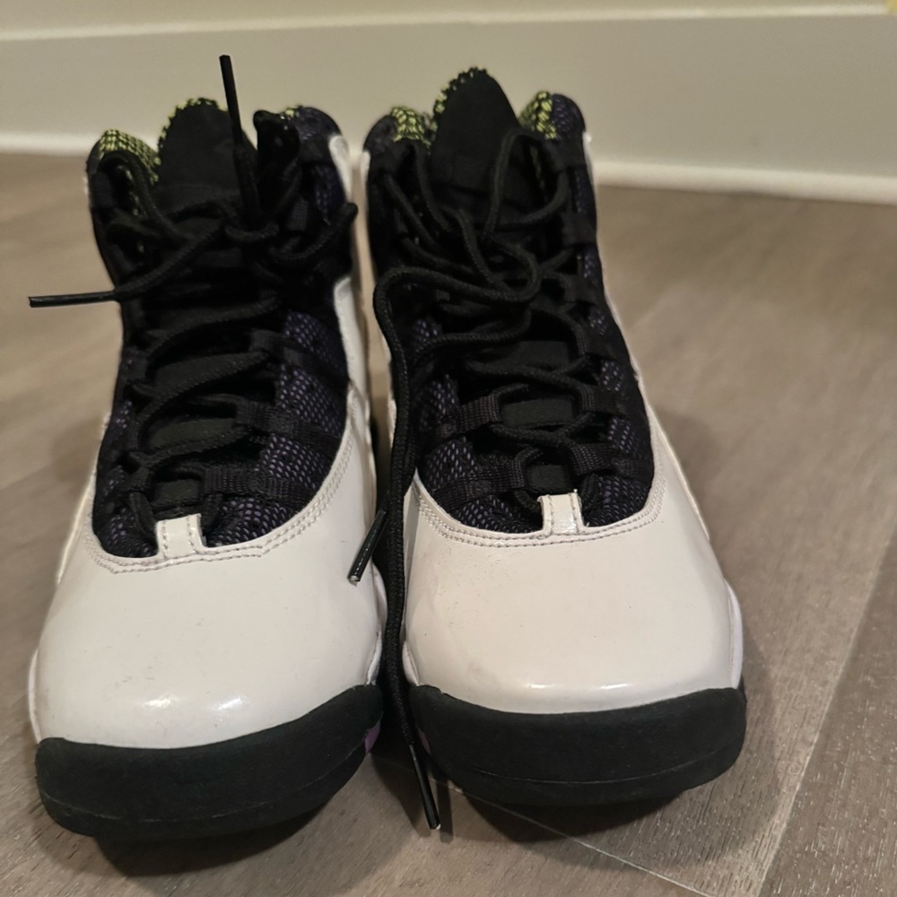 Jordan 10s Retro (white/purple/lime green); Sz 6.5Y (or US Women’s Sz 8)